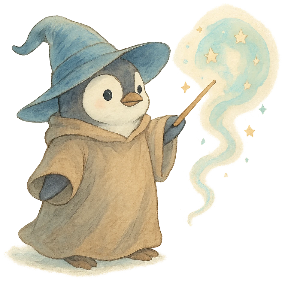 ghibli style penguin wizard casting a spell, soft colors emoji