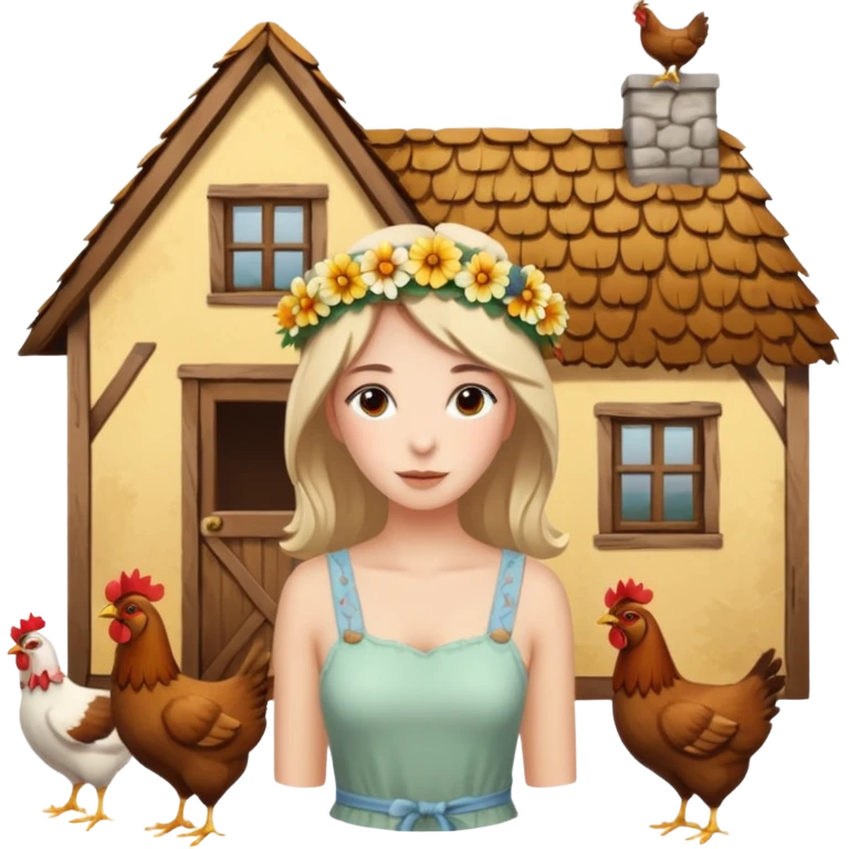 A rustic house with chicken and a hippy life emoji