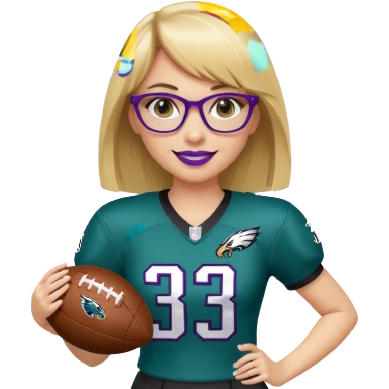 full length women wearing eagles uniform, medium blonde hair, straight across bangs, black glasses, holding football, number 33, smiling, purple lipstick emoji