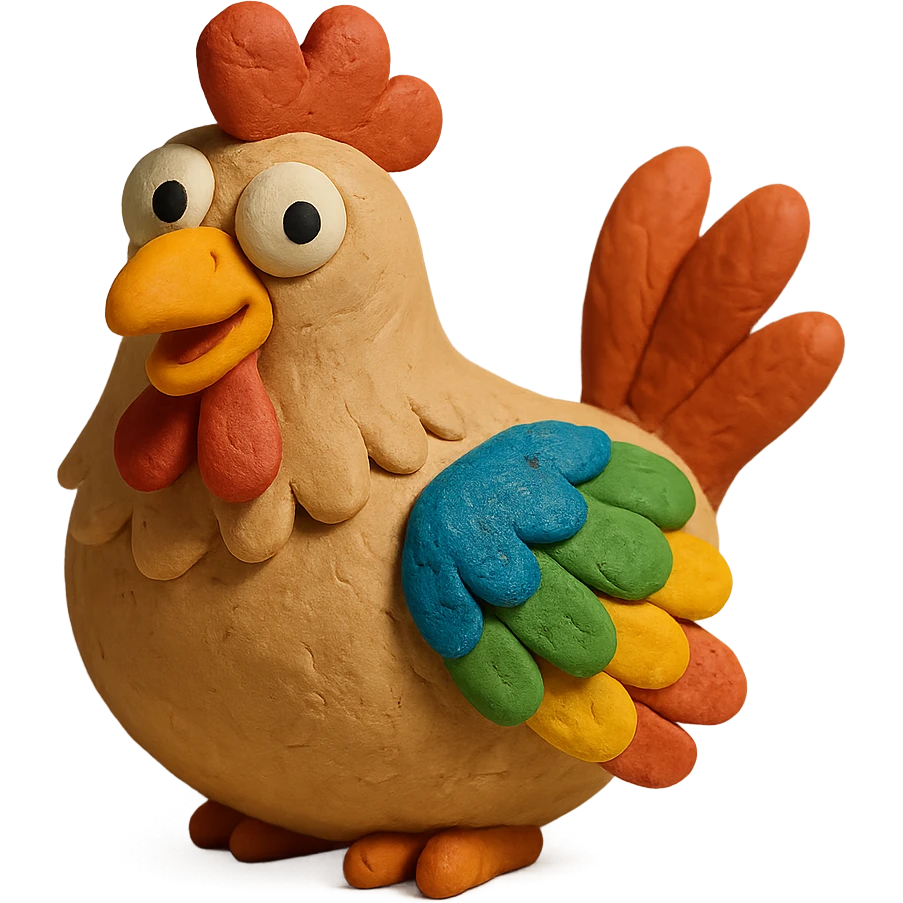 hen with colorful feathers and playful expression in claymation style emoji