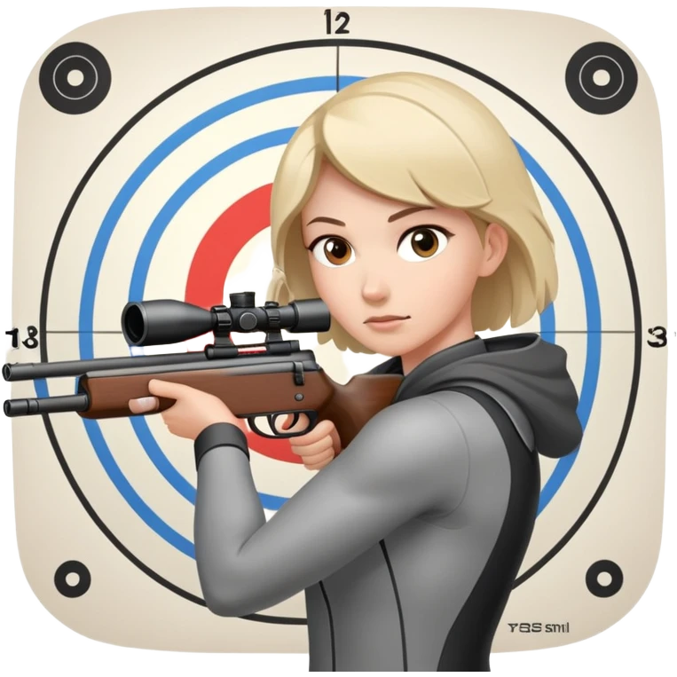 An athlete in shooting stance, focused on the target, holding a precision rifle. The background features a shooting range with targets set at various distances, highlighting control, concentration, and accuracy in the sport of competitive shooting. emoji