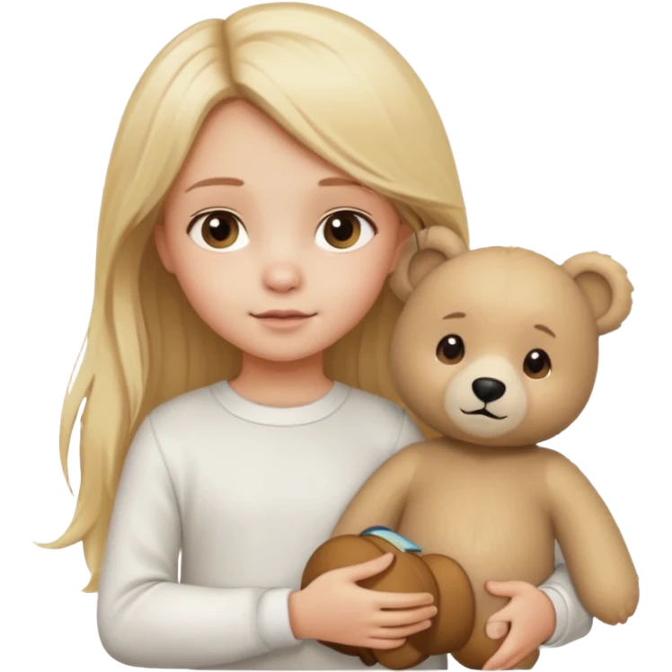 Blonde little girl, long hair, white long sleeve, with beige bear emoji