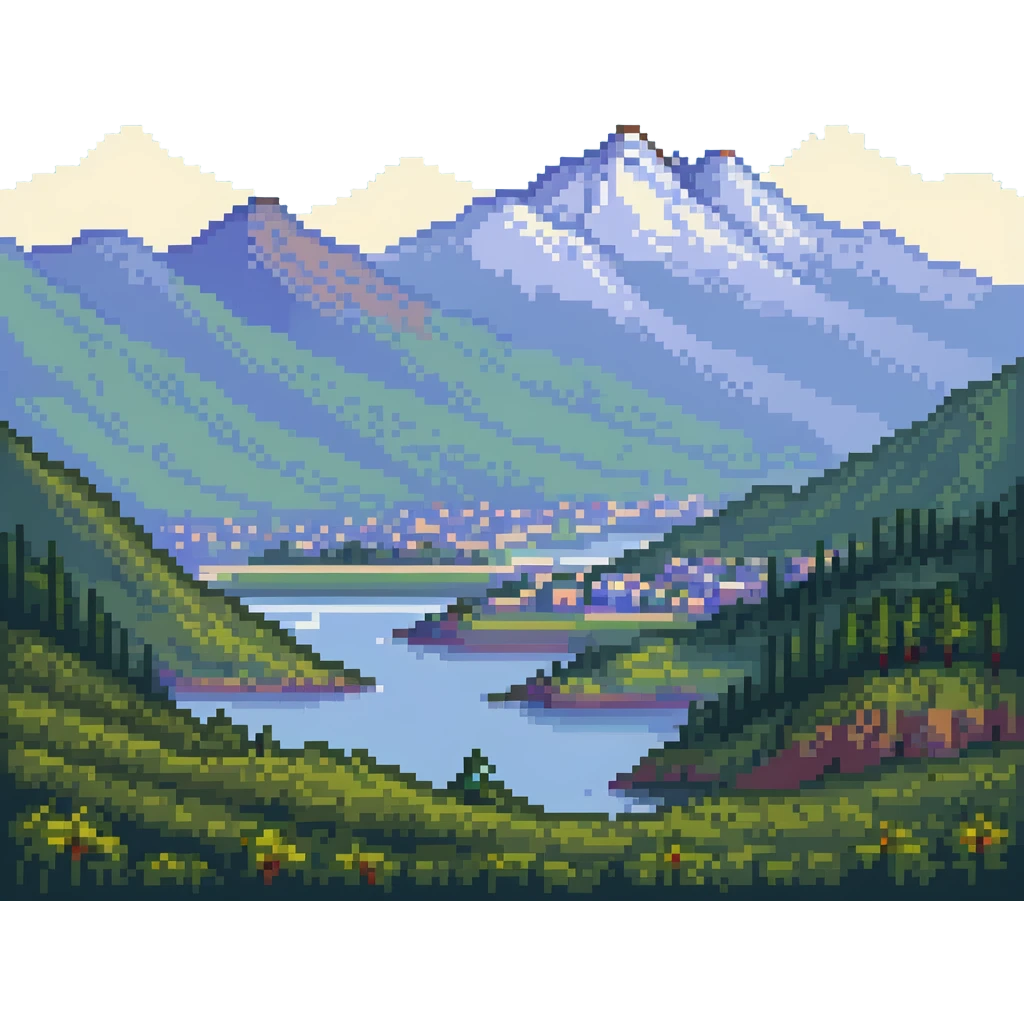 landscape of Nalchik with mountains in the background in pixel art style emoji