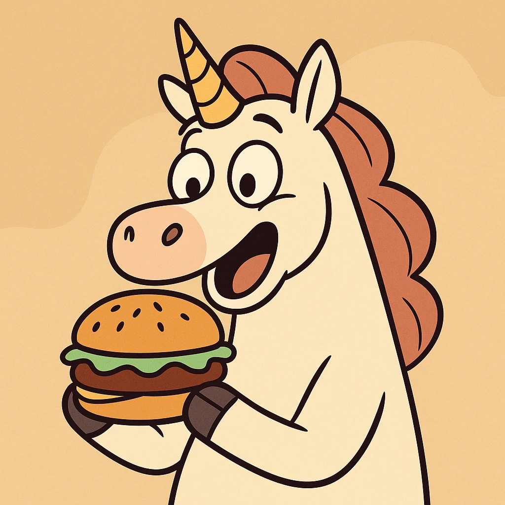 unicorn with a hamburger, cartoon style, playful, flat toon style emoji