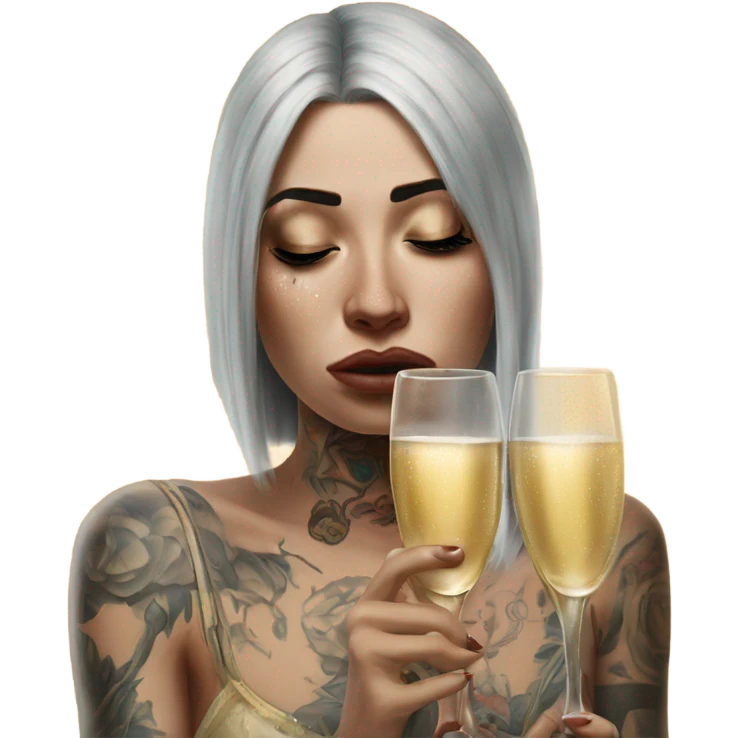Hyper Realistic Beautiful tattooed woman crying sadly holding champagne  emoji