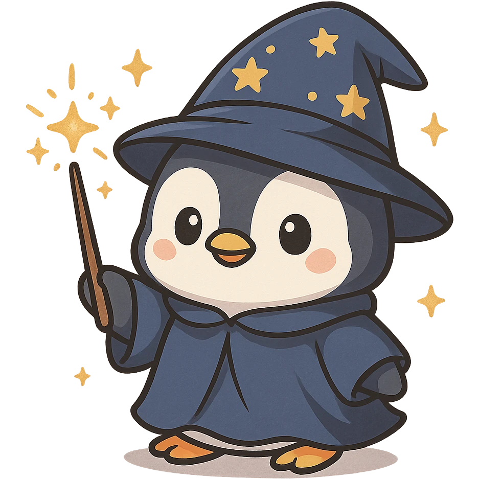 cute penguin dressed as a wizard, holding a wand, sparkles around, cartoon style emoji