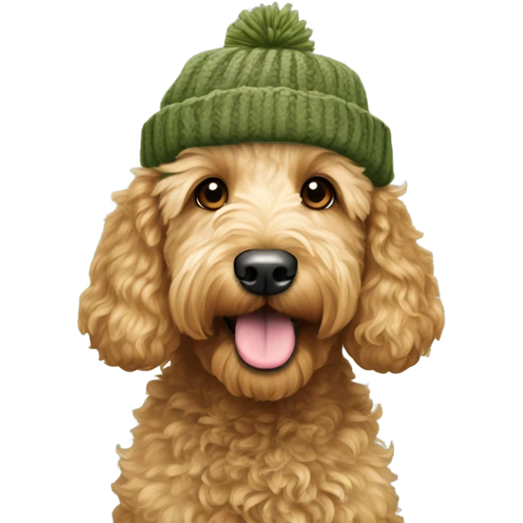 Mini goldendoodle in olive green winter hat  emoji