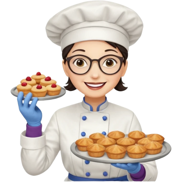 Older female pastry chef – round glasses, oven mitts on, holding a tray of pastries.

 emoji