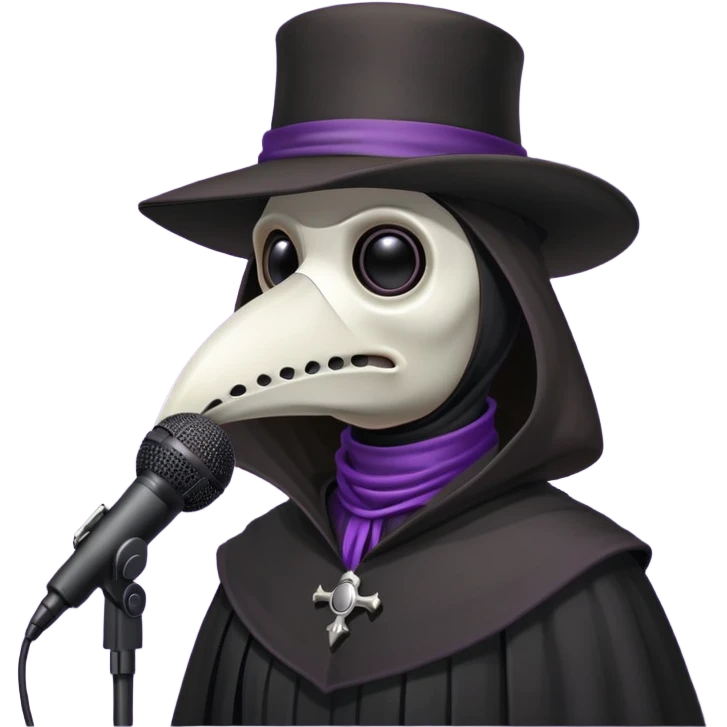 plague doctor wearing black dress, violet background, professional microphone emoji