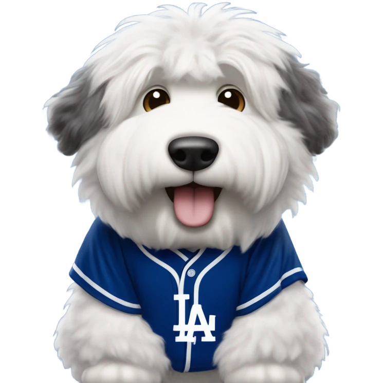 Old English Sheepdog full height wearing a Los Angeles dodgers baseball jersey emoji