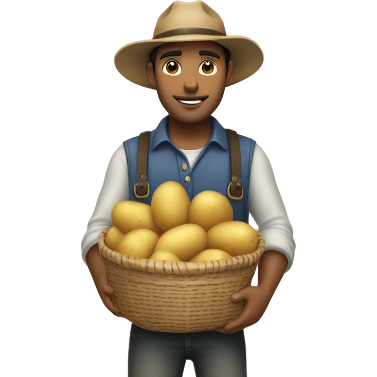 Less Brown handsome guy with black hair wearing farmer's hat and holding a basket full of potatoes emoji