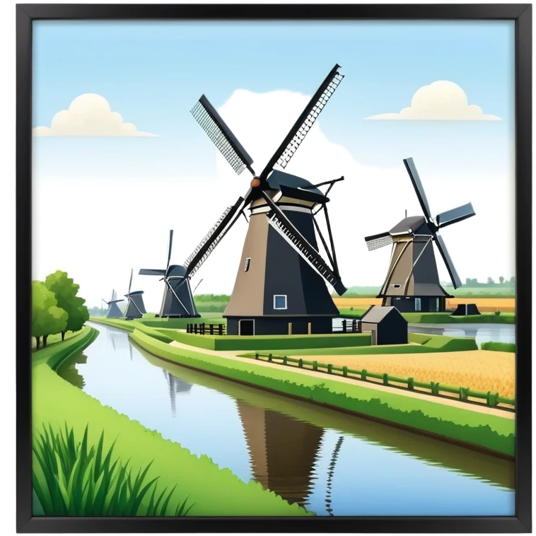 cinematic-realistic-kinderdijk-windmills-landmark-emoji,-showcasing-traditional-dutch-windmills-aligned-along-a-tranquil-canal,-with-lush-green-fields in a picture frame emoji