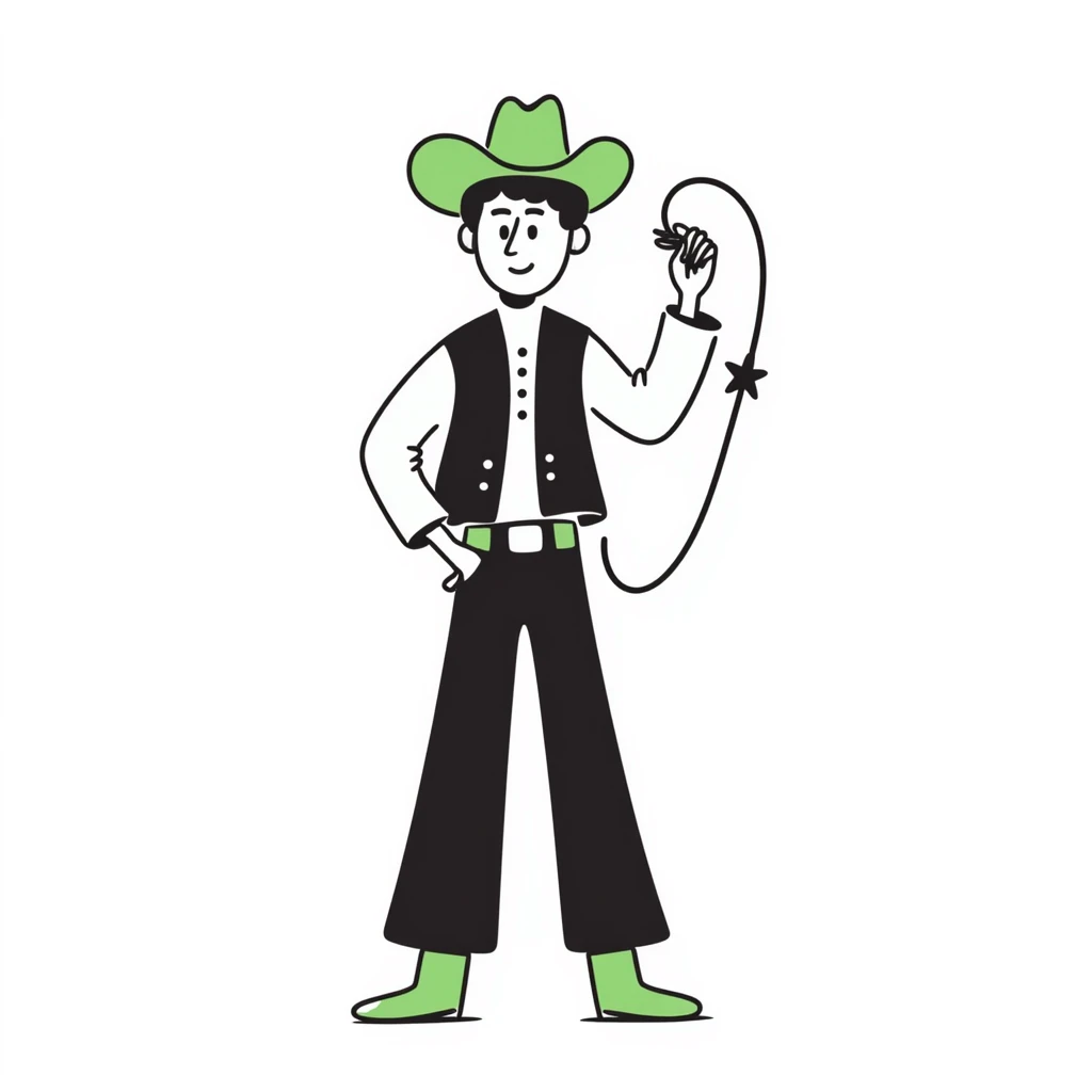 Cowboy wearing a bright green hat with no star, lasso in hand, western outfit emoji