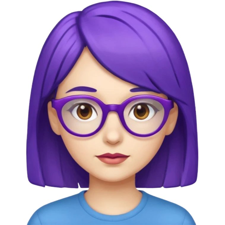 Cartoon adult woman with purple glasses, brown eyes, and blue medium length hair emoji