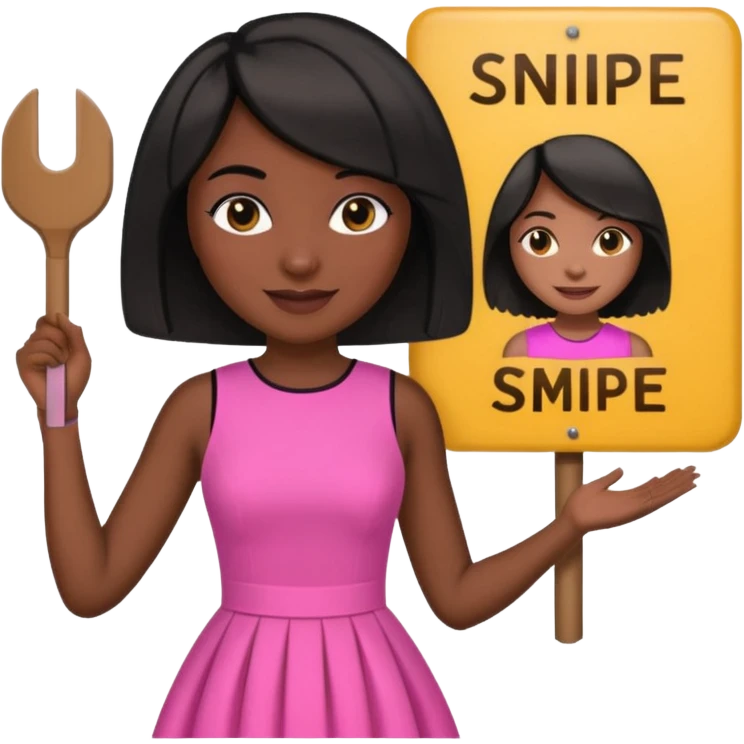 Dark skin woman with black bob in hair holding sign that says snipe  wearing pink dress  emoji