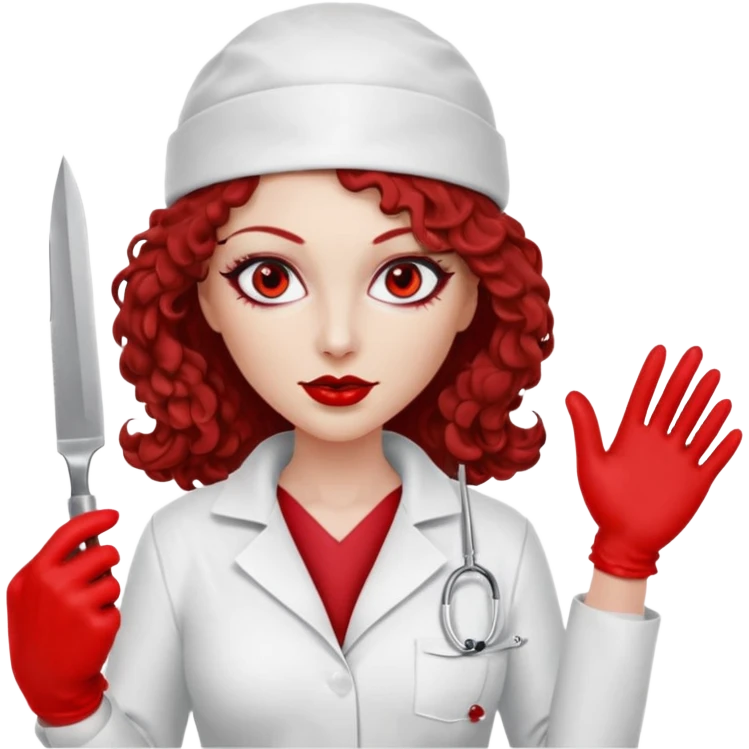 


Scary woman scalpel in hand, evil surgeon sexy surgeon clothes.  She has redcolored  eyes. Her  hair only is free ne brown long curly hair. Wears sexy doctor outfit with red gloves. make her wear red ski mask  to hide. Wears white surgeon coat, wears  stilettos emoji