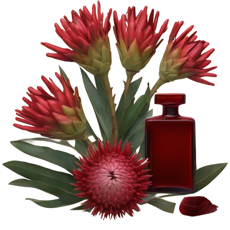 Dark red captivating perfume bottle with red proteas and a handwritten love letter emoji