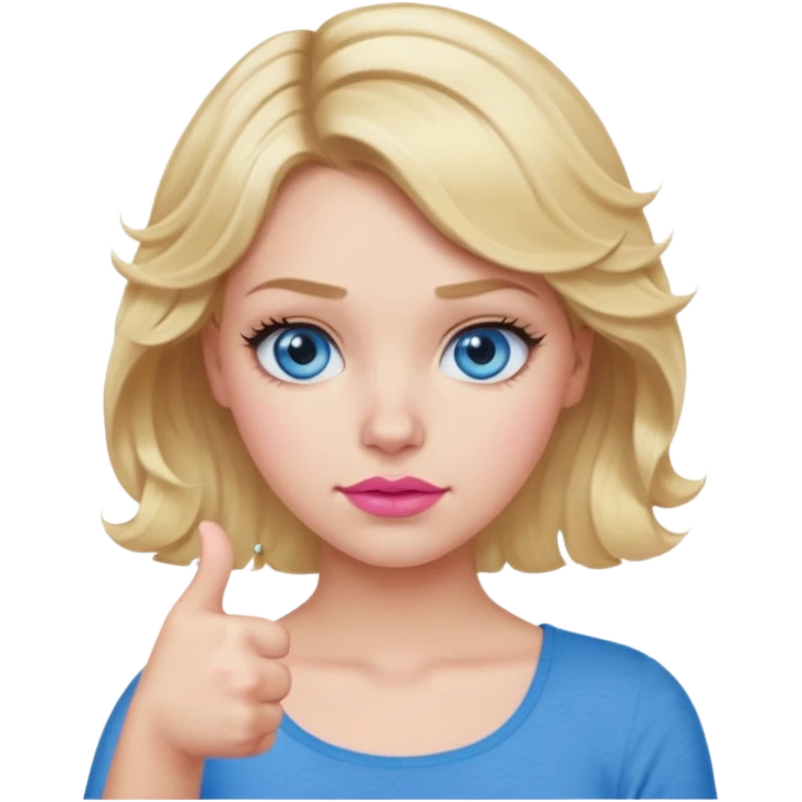 Girl Blonde short wavy hair,  blue eyes, cute blue top, long lashes, pink lips, thumbs down  emoji