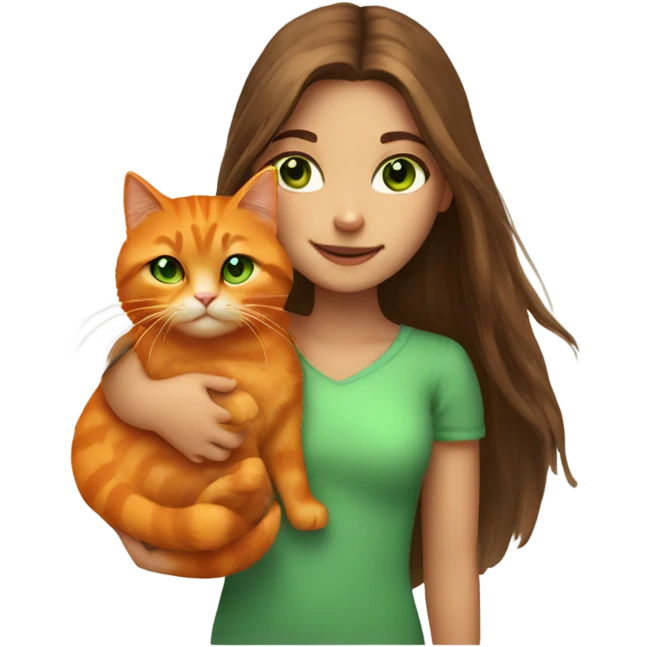 girl with long brown hair and green eyes holding a fluffy orange cat emoji
