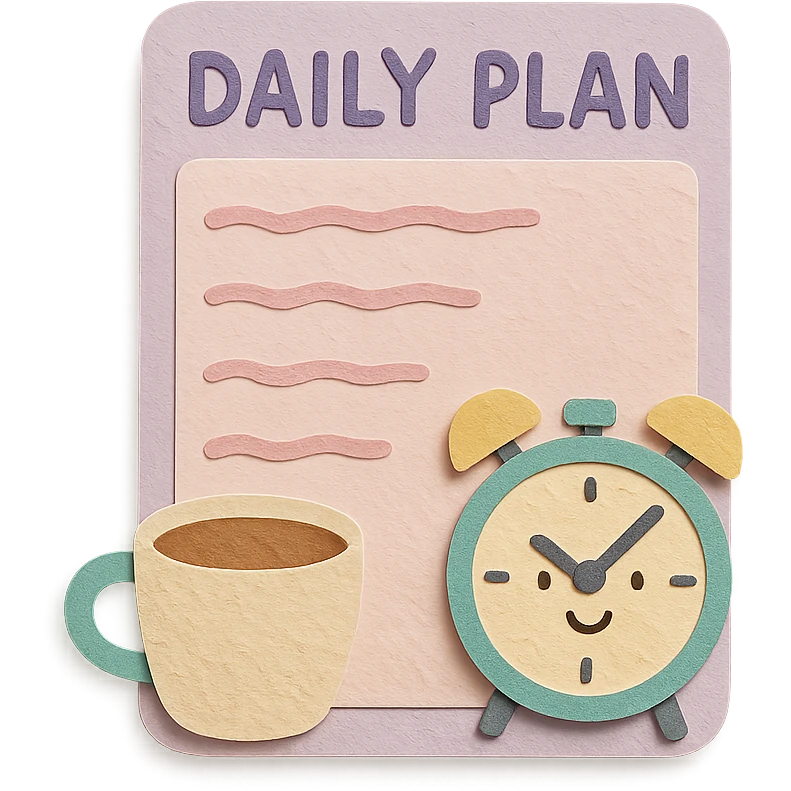 soft pastel daily planner page with coffee cup and cute clock elements, hand-drawn style emoji
