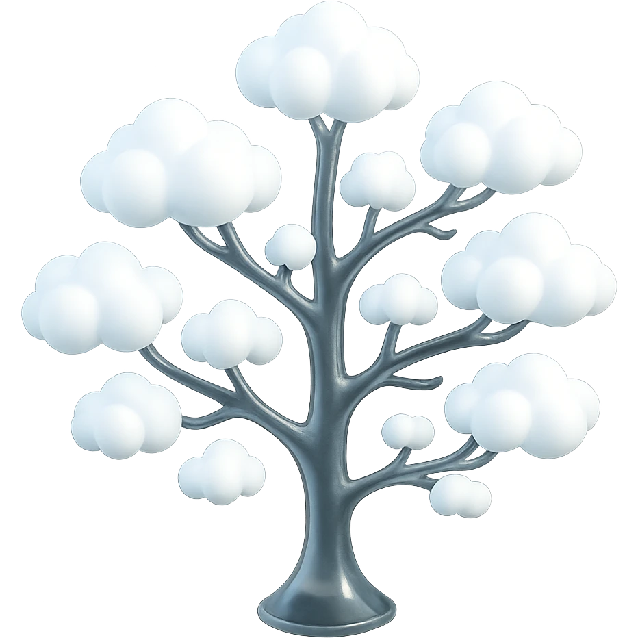 one tree with many branches, each branch covered with small, very bright white, saturated color, fluffy convex clouds, matte glass style, no background emoji