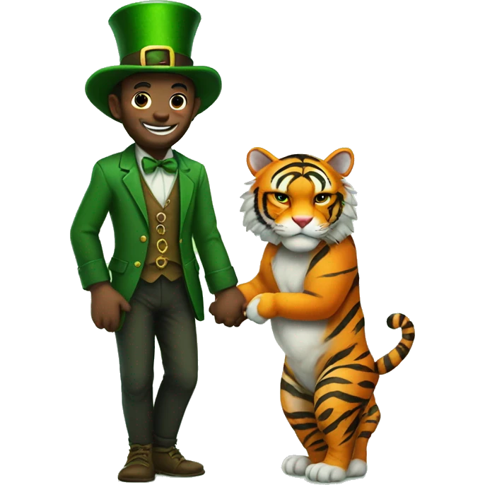 Leprechaun holding hands with a tiger  emoji