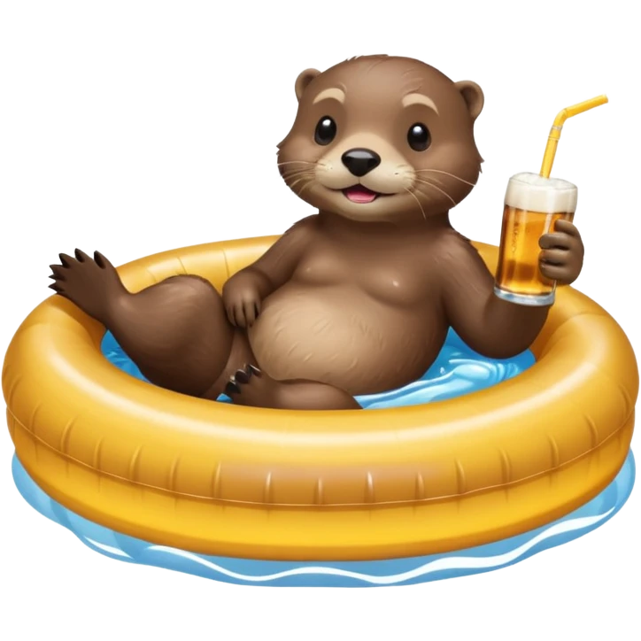 an otter sitting in an inflatable pool filled up with beer who is sipping directly from the pool made of beer with a little straw emoji