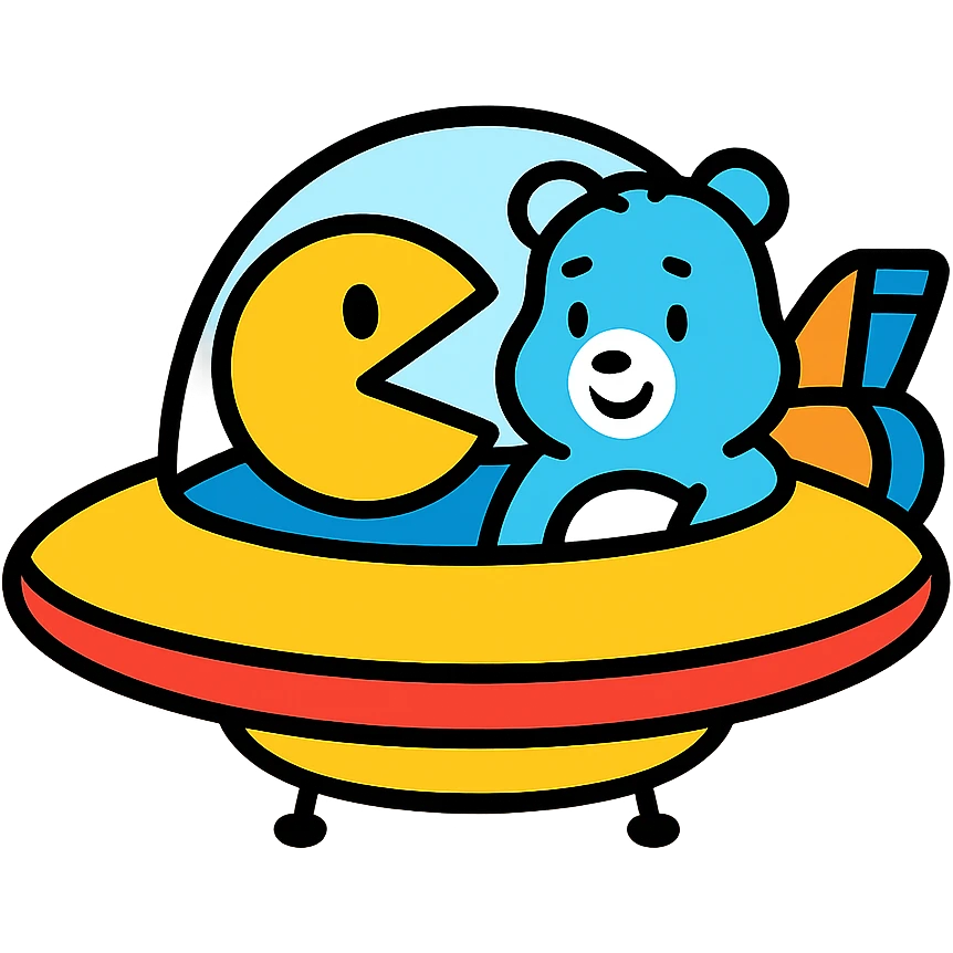 Pacman and Care Bears piloting a retro-futuristic spaceship emoji