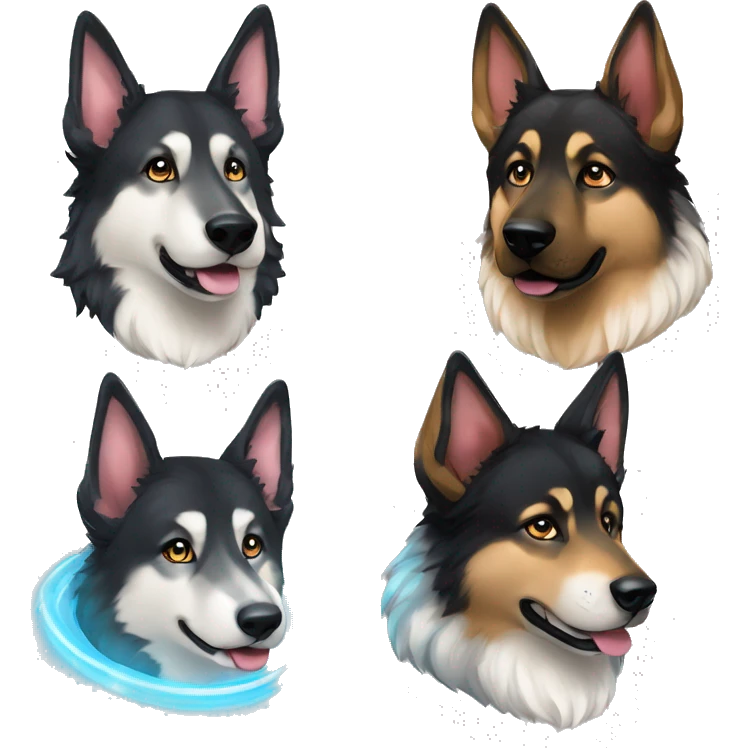  Black spotted brindle German shepherd husky fluffy ears and holographic harness running emoji