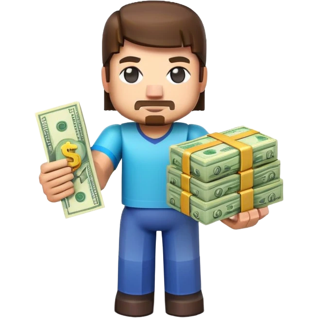 emoji style icon, minecraft blocky character holding a stack of money, pixel art style, bright colors, simple background, 3D glossy emoji, centered composition, soft shadow, high detail, clean outline, white background emoji