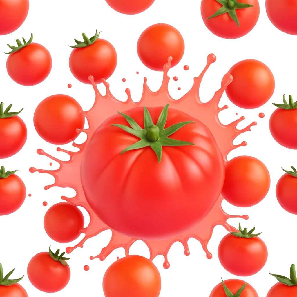 ripe juicy red tomato in motion thrown from right to left with subtle red motion trail and tomato splashes no face no background emoji