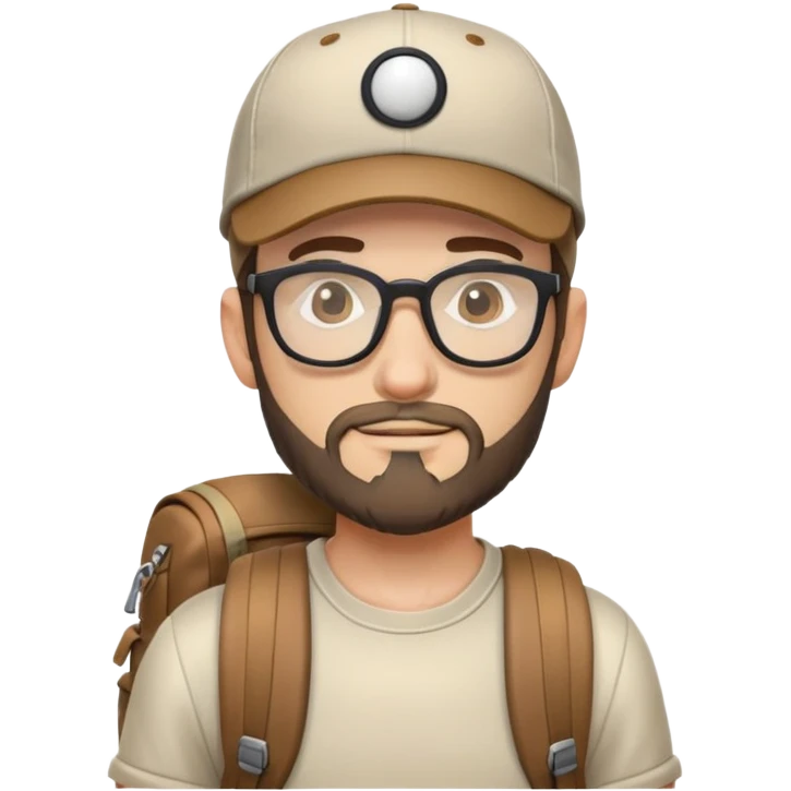 adventurer with backpack, small beard, glasses and backwards baseball cap emoji