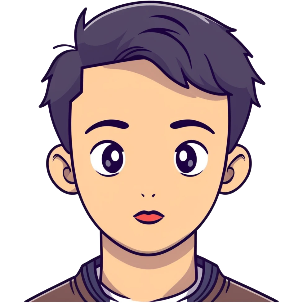 young man with modern black haircut, big eyes, medium lips, big eyebrows emoji