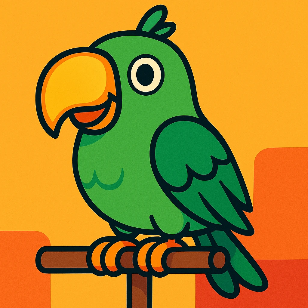 chimelo, a cute green parrot with a big beak, sitting on a perch, in a fun and friendly style emoji