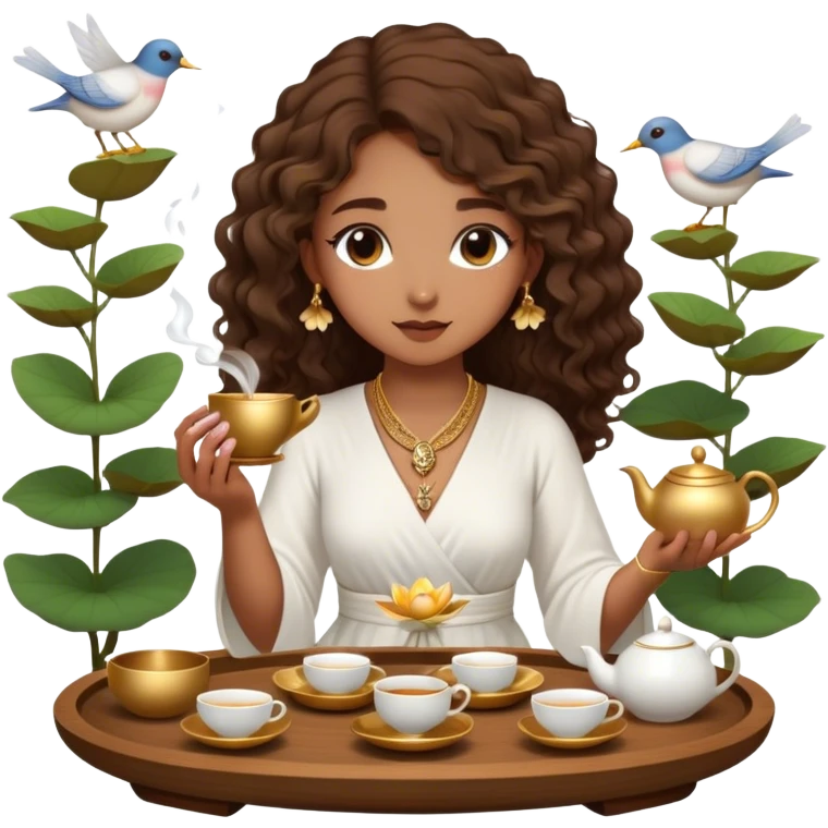 Light brown skin girl, long curly brown flat hair, gold jewelry, white dress, feeding birds with wooden tea ceremony tray with lotus flower emoji