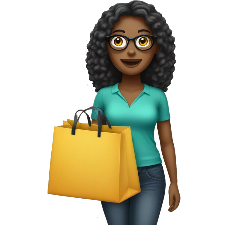 mulher branca com óculos preto com sacolas de compras emoji