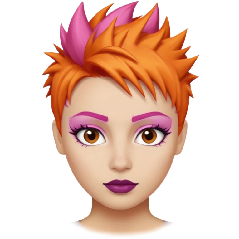 A person emoji with light skin, short spiky orange hair swept to one side, matching pink eyebrows, brown eyes, an oval-shaped face, a small nose, and dark lipstick. emoji