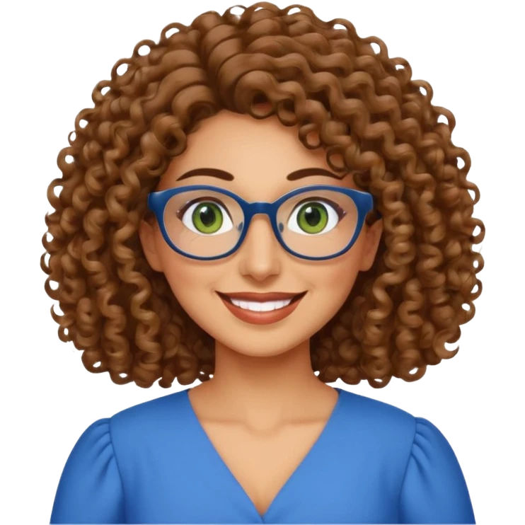 40 yr old Iranian woman, light brown very curly thick hair, shoulder length hair, green eyes, tan skin, big smile, big glasses, with pretty blue dress emoji