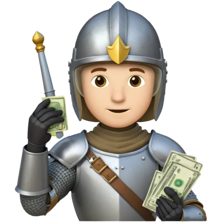 Knight with helmet holding phone and money emoji