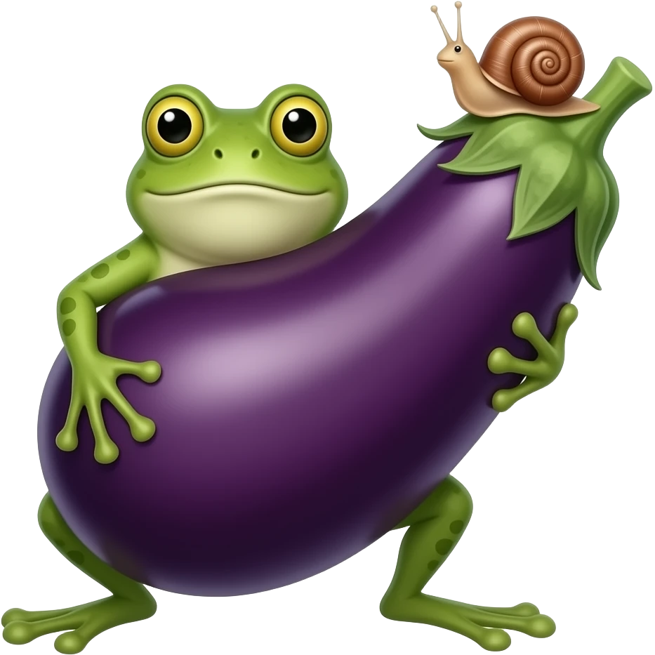 Grenouille qui tient une enorme aubergine, comme si c'était son penis et un bigorneau au bout de l'aubergine emoji