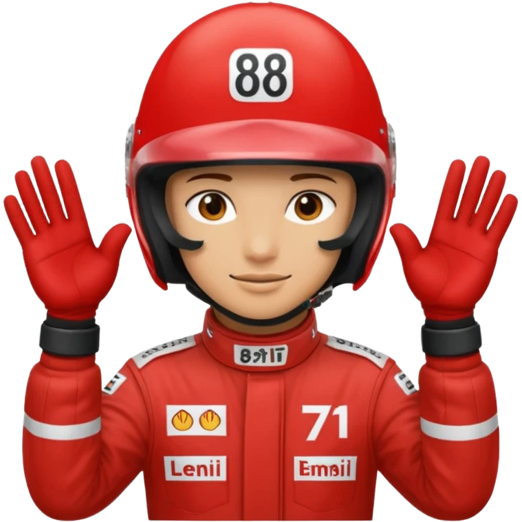 Person wearing red f1 helmet with hands saying 8 7 emoji