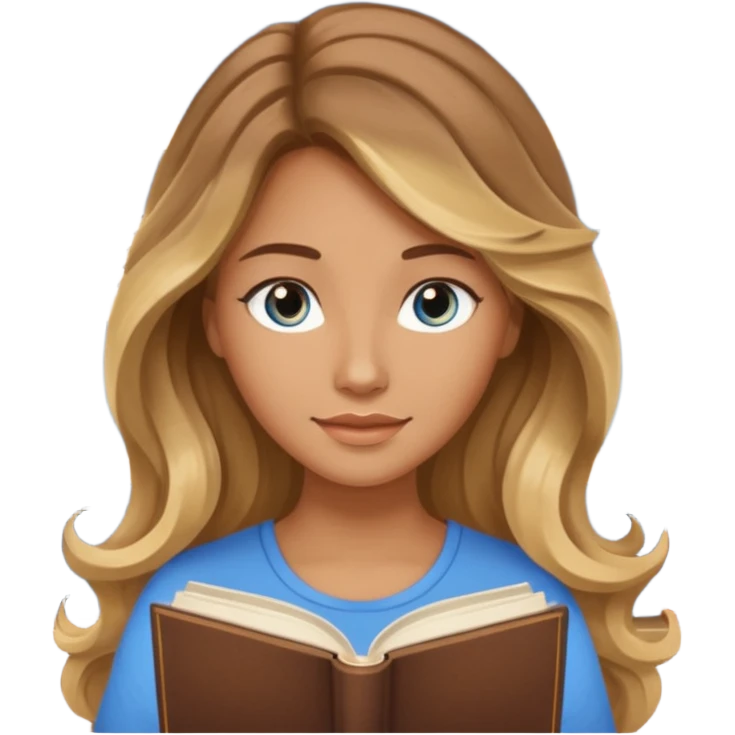 pretty female with long wavy brown hair with blonde highlights and blue eyes  in a relaxed position reading the book 'Rebecca' emoji