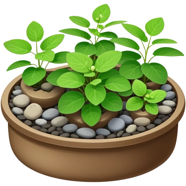 Small dish garden with Plectranthus Verticillatus sprouts having perfectly circular coin-shaped leaves arranged with small rocks emoji