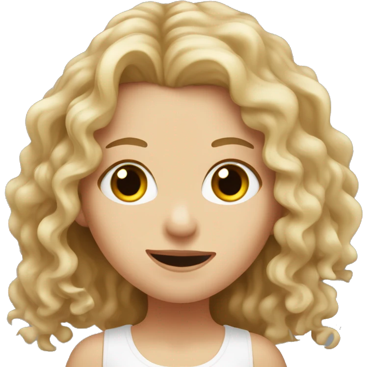 White girl with long curly dirty blonde hair, hazel eyes, sticking her tongue out emoji