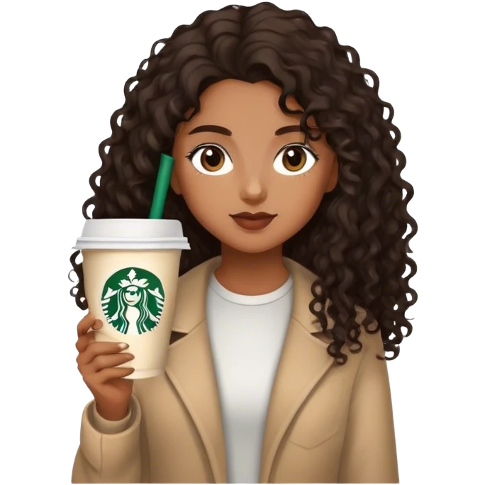 Girl with medium brown  skin light brown eyes/  black brown curly long hair with Starbucks  emoji