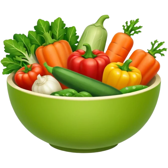 Healthy home cooking humanless avatar in clean style vibrant illustration. Fresh vegetables bowl, green tones, simple shapes, flat design, friendly and light. emoji