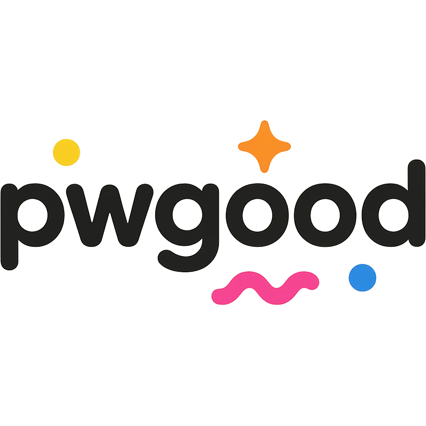 playful logo for 'pwgood' with rounded font and colorful accents, tech startup vibe emoji