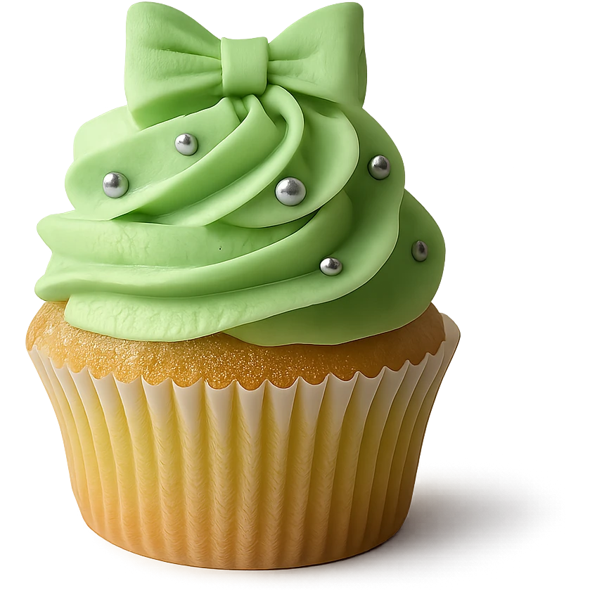 Change the icing to pistachio (light green), keep the realistic cupcake and accessories, photorealistic style, transparent background. Maintain the photorealistic look and details of the cupcake and accessories with a light green pistachio icing. Remove the background to make it transparent. emoji
