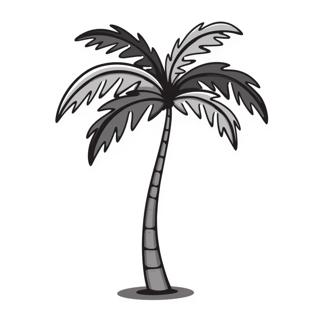 a palm tree with a curved trunk and large fronds, pastel colors dd9fb0, ffc6d3, a3bfc9, c4bee2, f1b091, detailed hand-drawn doodle style emoji