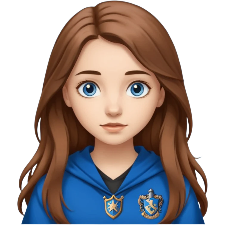 gorgeous Girl with light skin, blue eyes, long brown hair, wears a ravenclaw outfit emoji